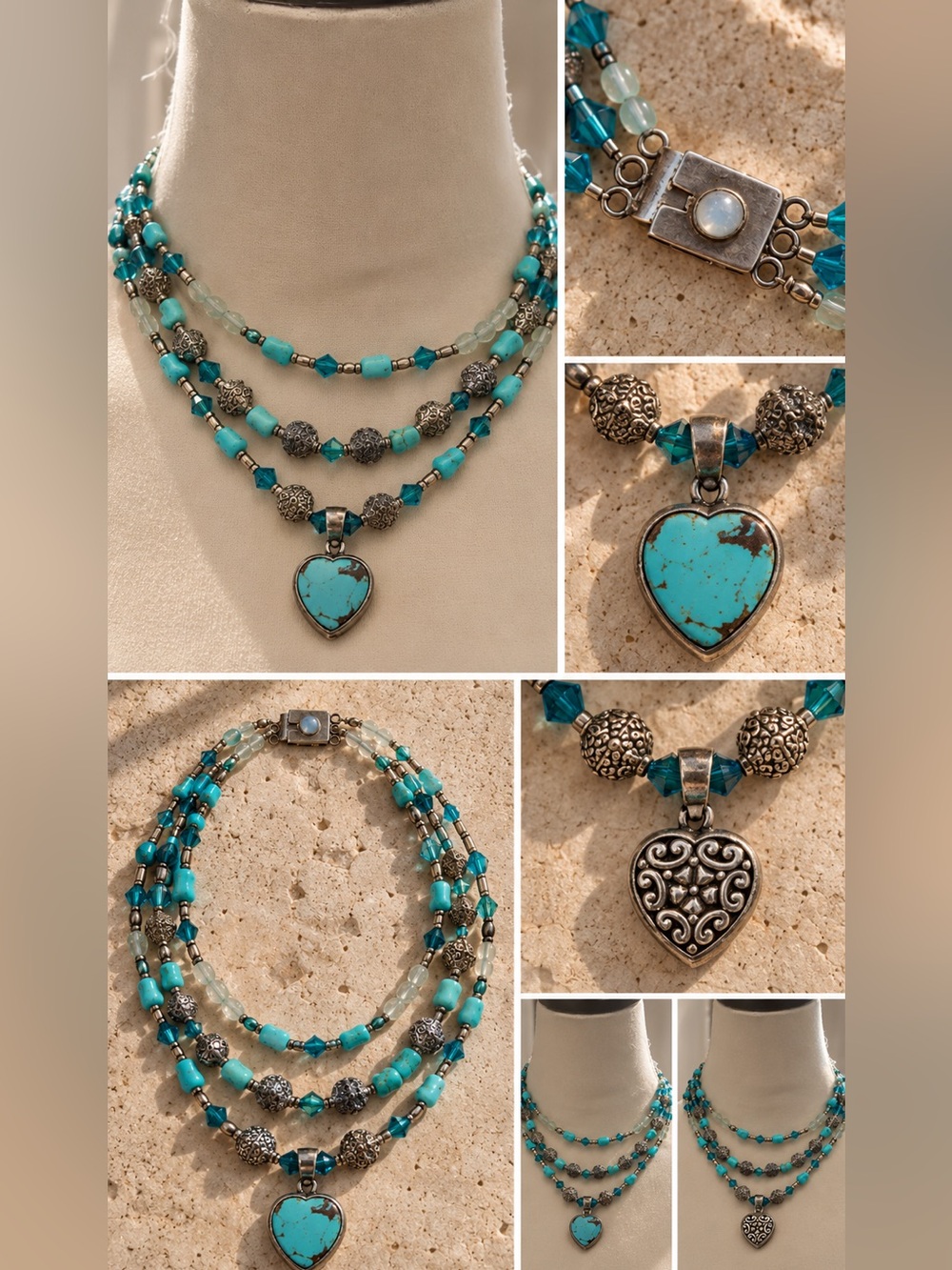 Two Looks, One Statement Reversible Multi-Strand Turquoise/Silver Heart Necklace